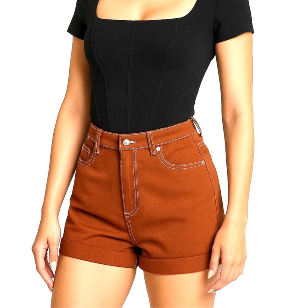 New Fashion Nova 1 Brighter Days Ahead Roll Cuff Denim Mom Shorts Orange Y2k